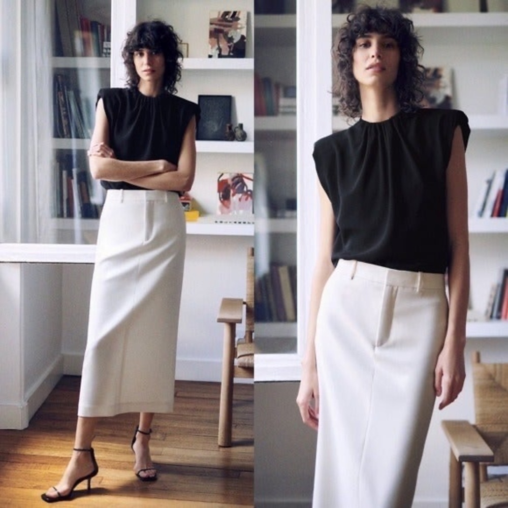 Zara Black Top with Cream Midi Skirt